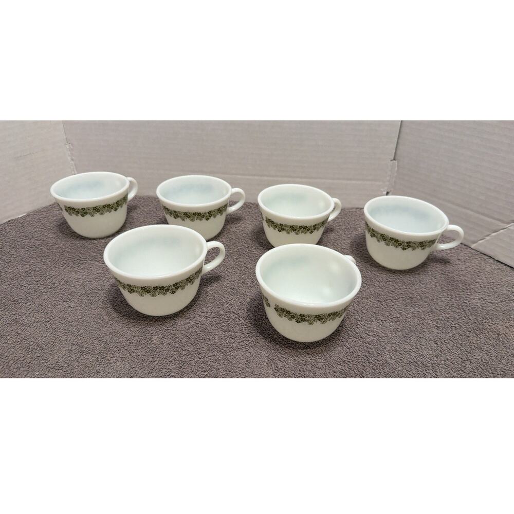 Beautiful vintage PYREX Milk Glass Cups Set of 6 Green Floral Pattern